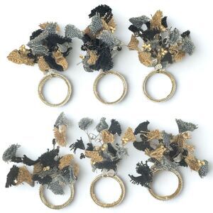 Pier 1 Imports Black Blue Jute Burlap Stones Pearl Beaded Napkin Rings Set of 6